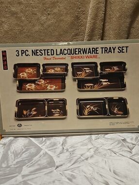 3-Piece Shikki Ware Nested Lacquerware Tray Set - Black with Gold Floral